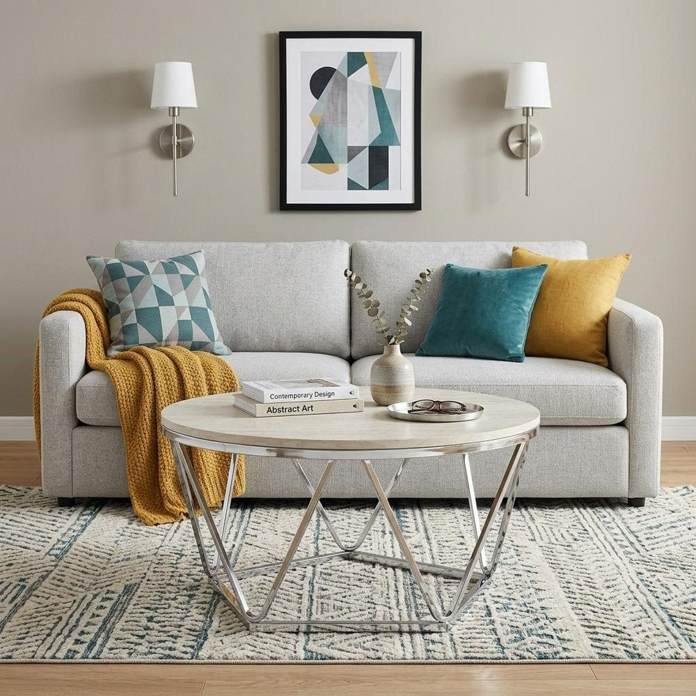 33" Silver Manufactured Wood And Metal Round Coffee Table