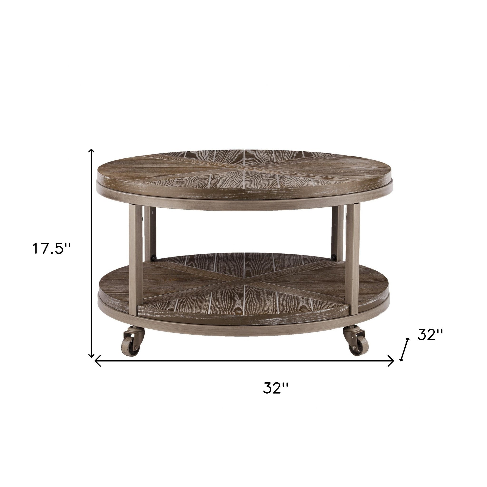 32" Brown Rustic and Distressed Round Two Tier Rolling Coffee Table