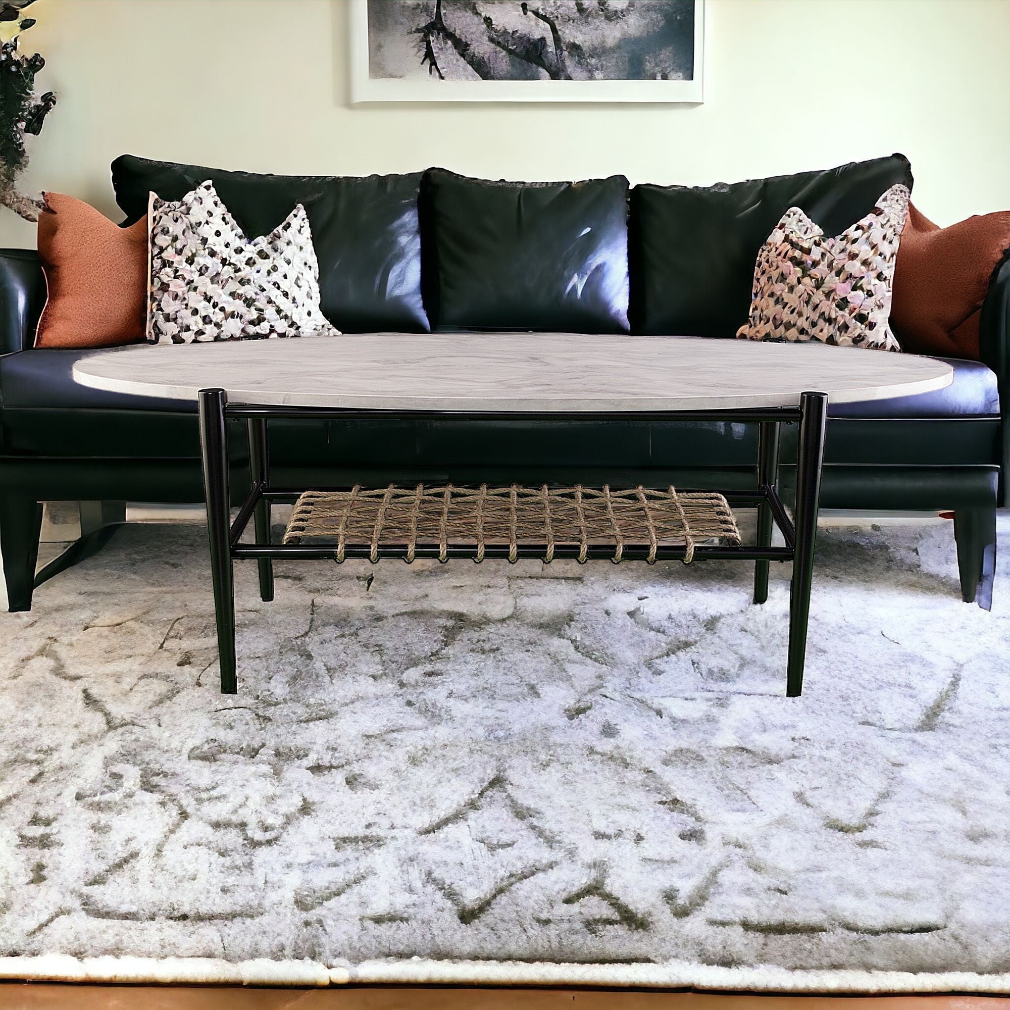 52" Black and White Metal and Faux Marble Boho Rope Oval Coffee Table