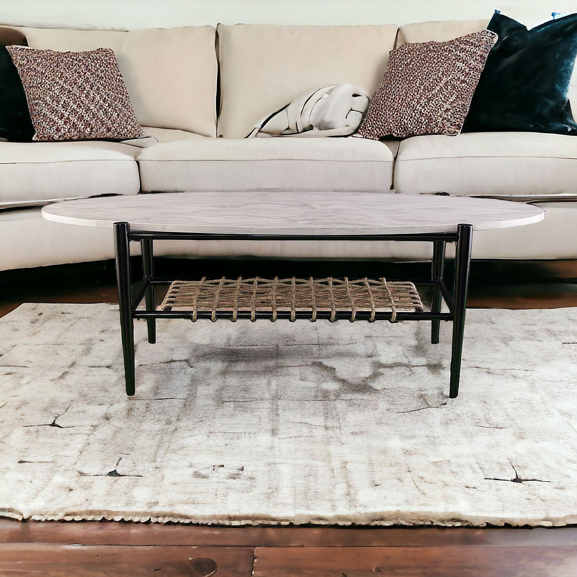 52" Black and White Metal and Faux Marble Boho Rope Oval Coffee Table