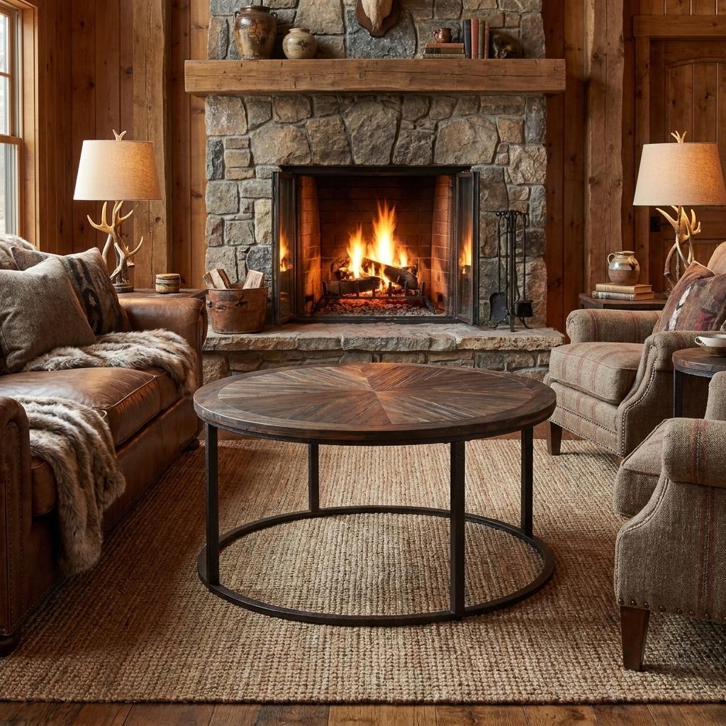 36" Natural And Brown Reclaimed Wood And Metal Round Coffee Table