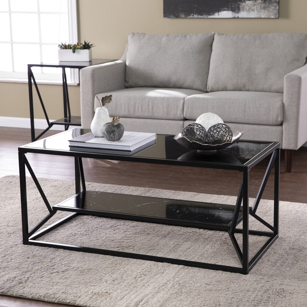 42" Black Glass Faux Marble And Metal Coffee Table With Shelf