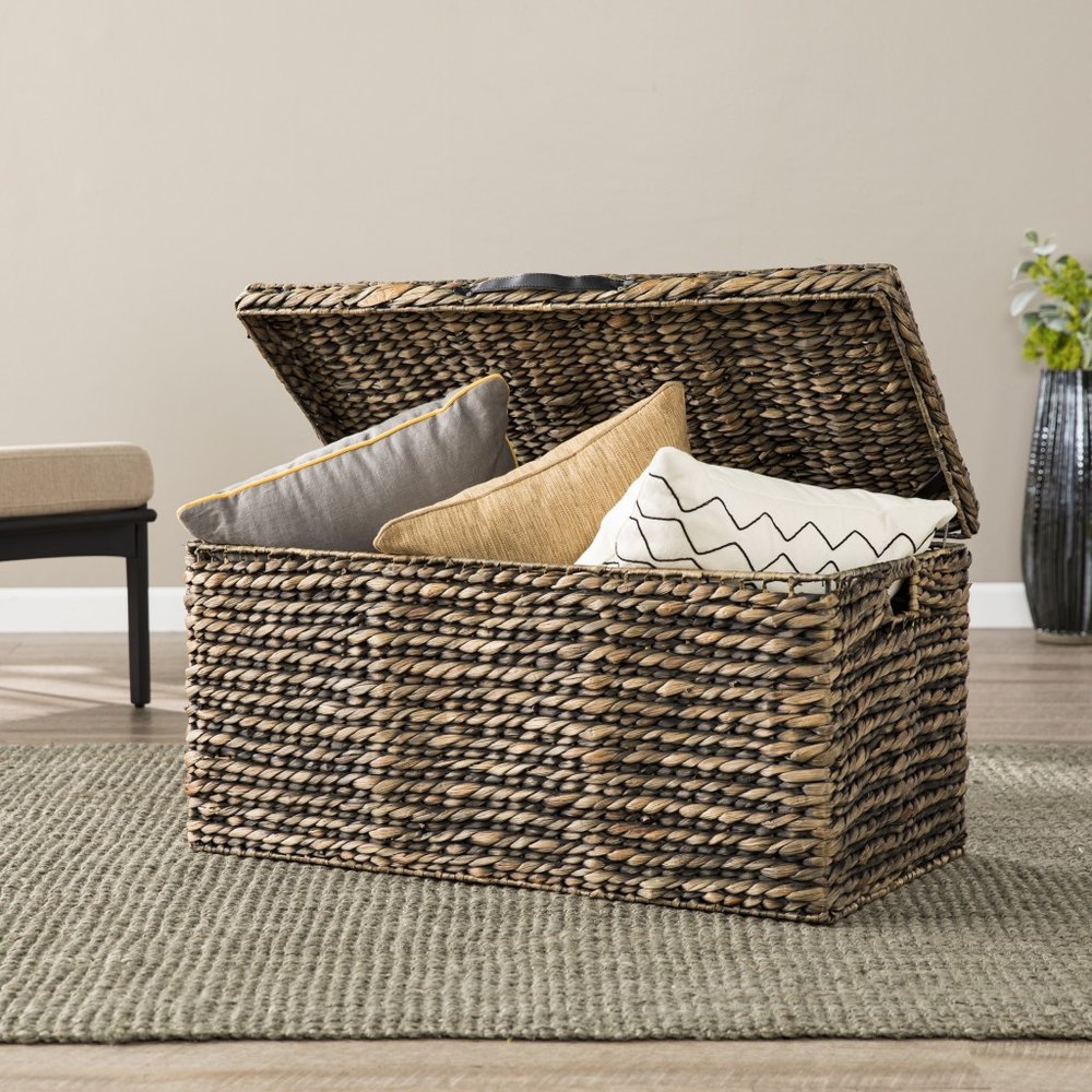 33" Brown Wicker and Iron Square Lift Top Solid Trunk Coffee Table