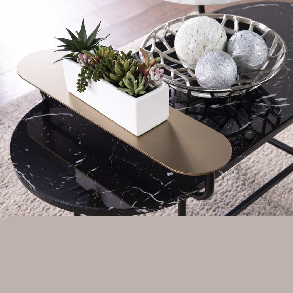42" Black Faux Marble And Metal With Iron Coffee Table