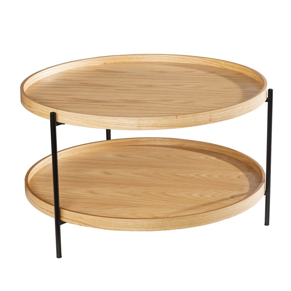 33" Natural and Black Wood and Metal Round Coffee Table