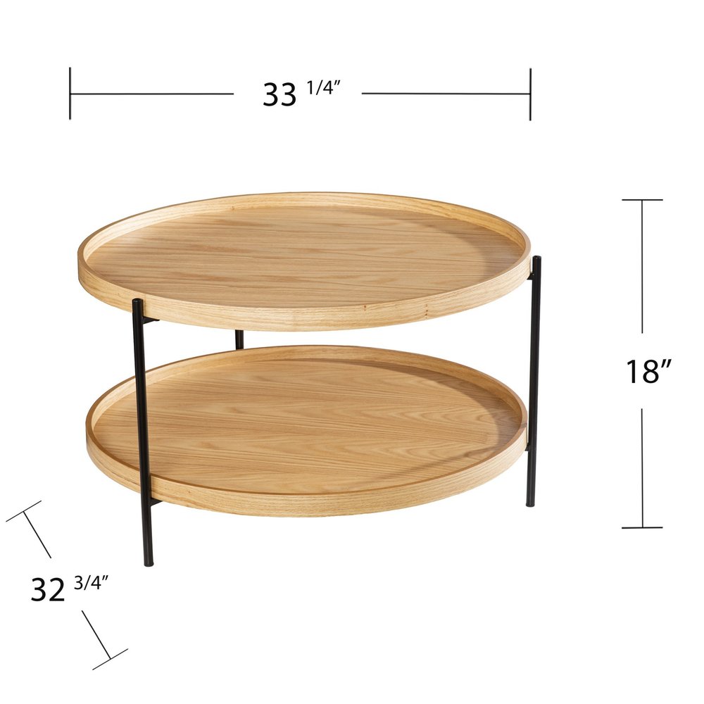 33" Natural and Black Wood and Metal Round Coffee Table