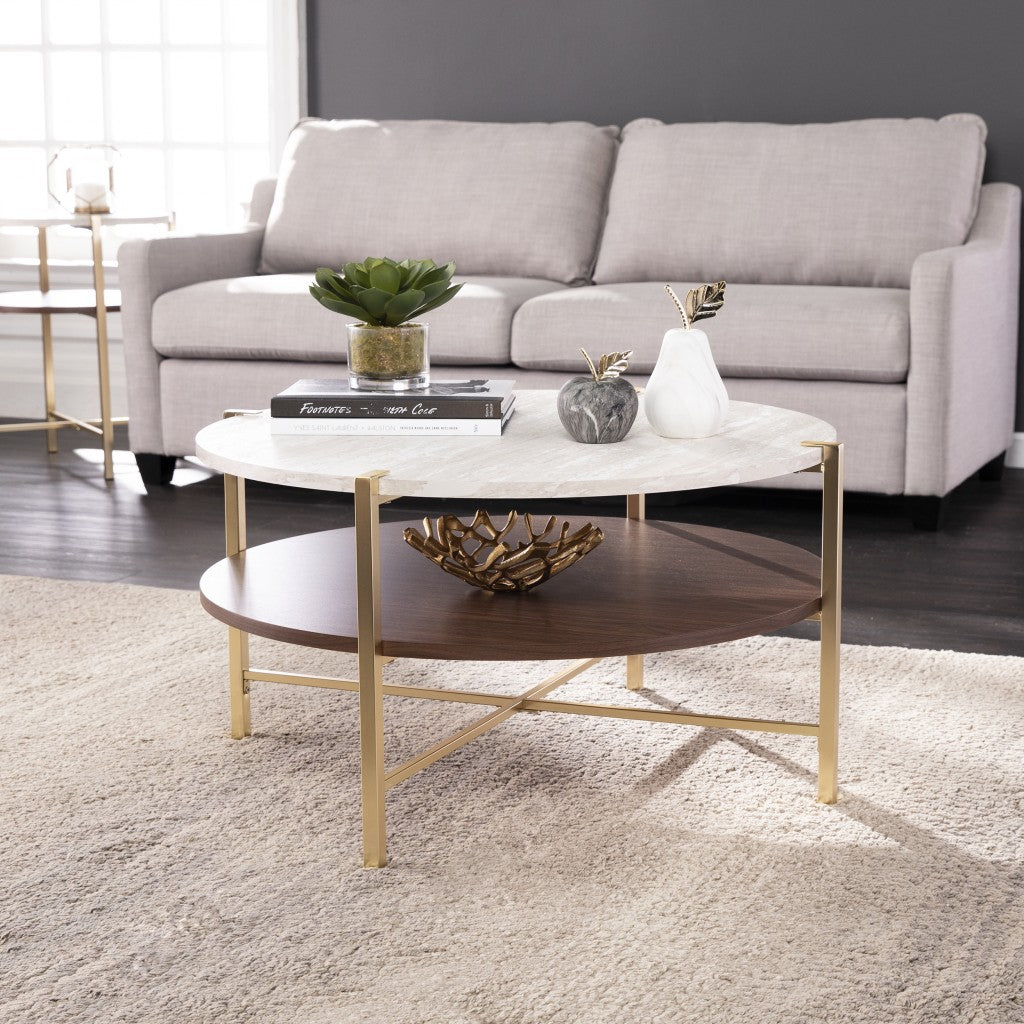 33" Brass Solid Manufactured Wood And Metal Round Coffee Table