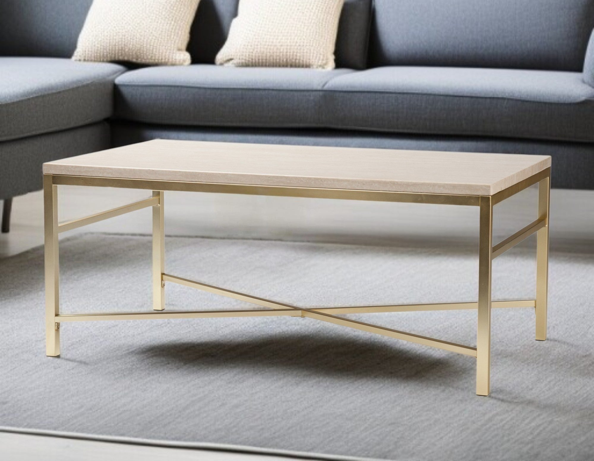 42" Off White Manufactured Wood And Metal Rectangular Coffee Table