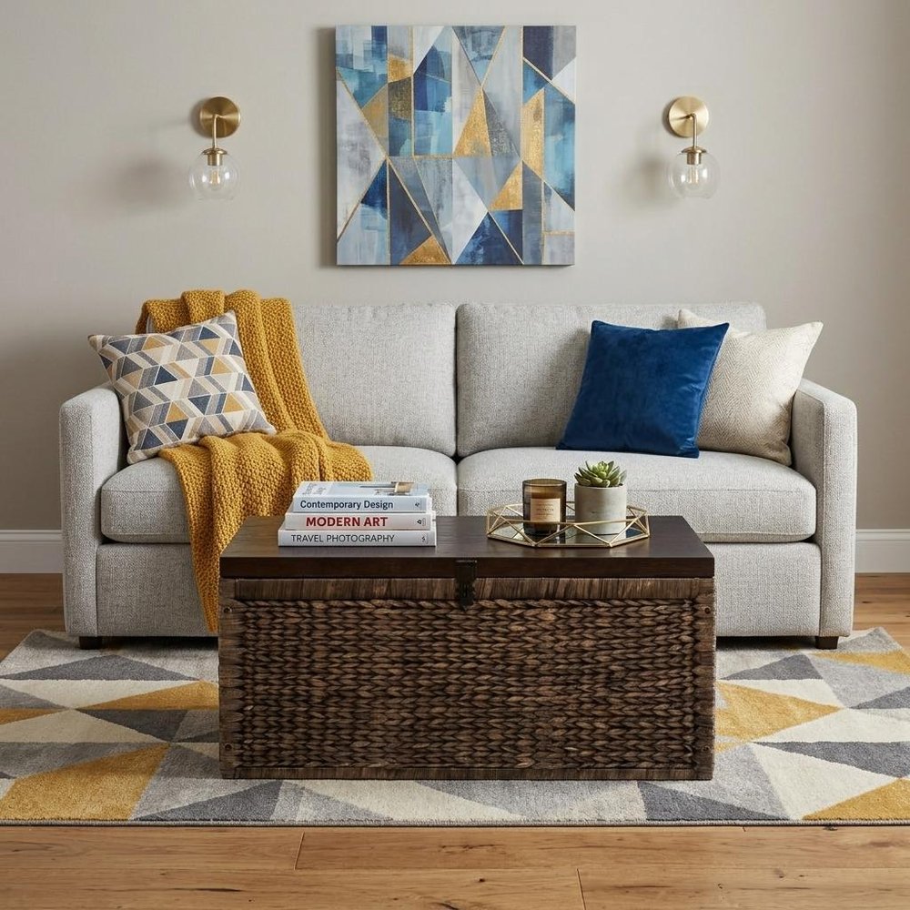 38" Brown Wood And Wicker With Iron Coffee Table