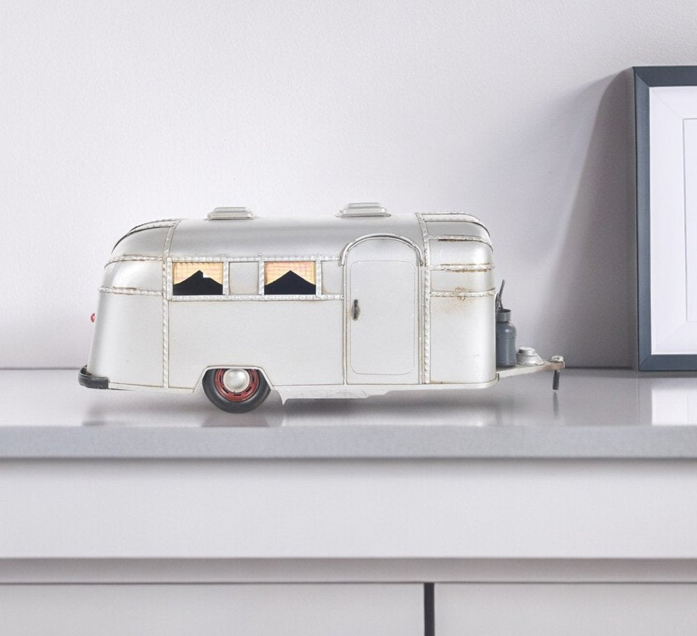 6" Silver Metal Hand Painted Silver Camping Trailer Model Car