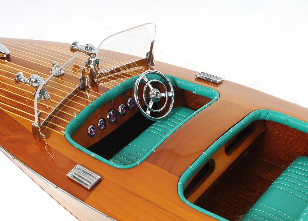 7" Wood Brown Solid Wood Hand Painted c1928 Chris Craft Triple Cockpit Medium Model Boat