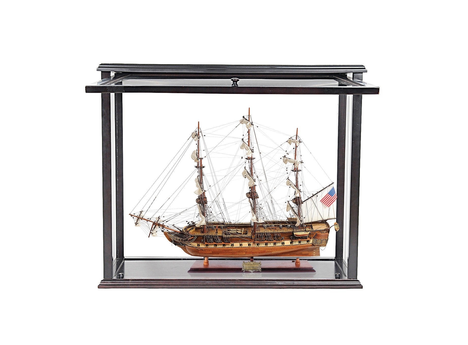 30" Wood Brown Solid Wood Hand Painted 1797 USS Constitution Medium Open Fron Display Case Model Boat