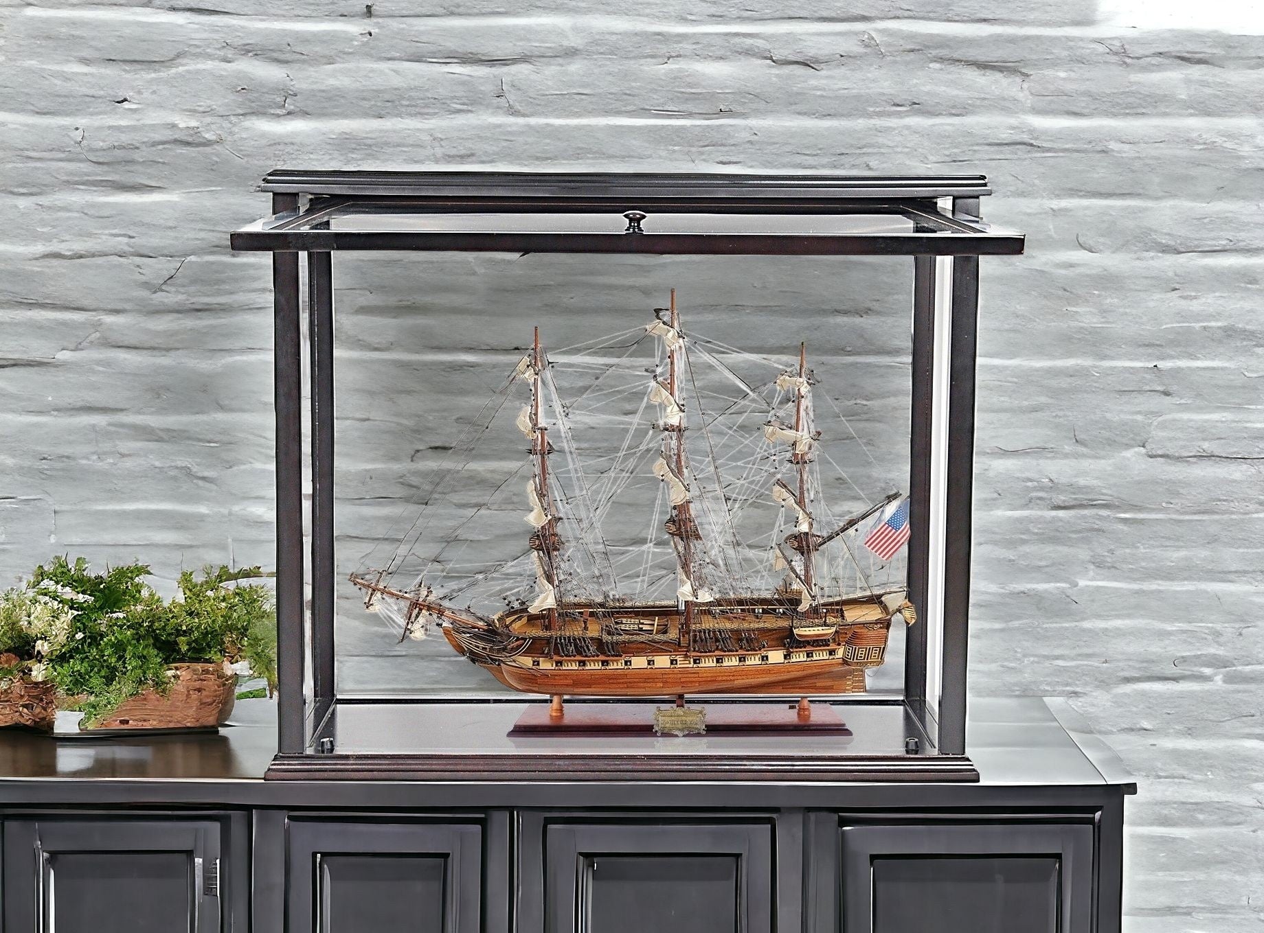 30" Wood Brown Solid Wood Hand Painted 1797 USS Constitution Medium Open Fron Display Case Model Boat