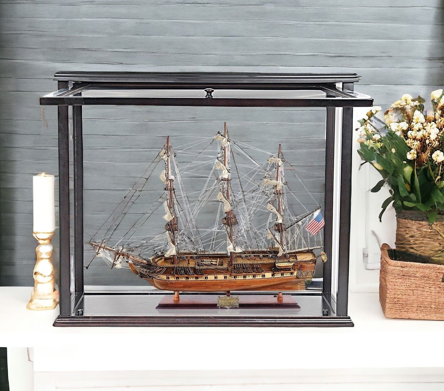 30" Wood Brown Solid Wood Hand Painted 1797 USS Constitution Medium Open Fron Display Case Model Boat