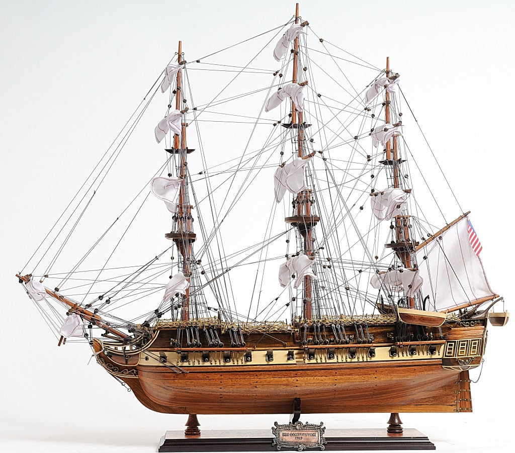 30" Wood Brown Solid Wood Hand Painted 1797 USS Constitution Medium Open Fron Display Case Model Boat