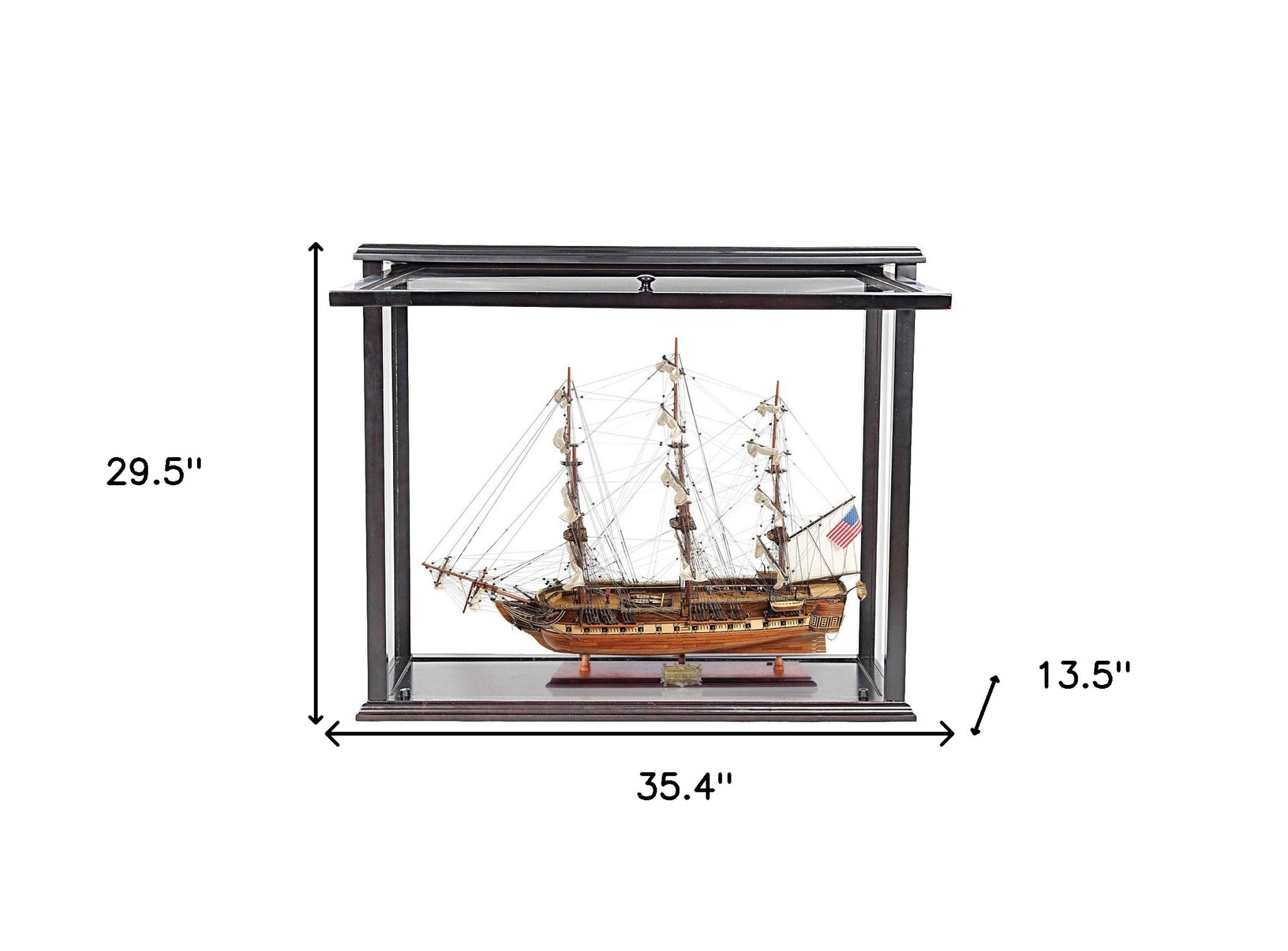 30" Wood Brown Solid Wood Hand Painted 1797 USS Constitution Medium Open Fron Display Case Model Boat