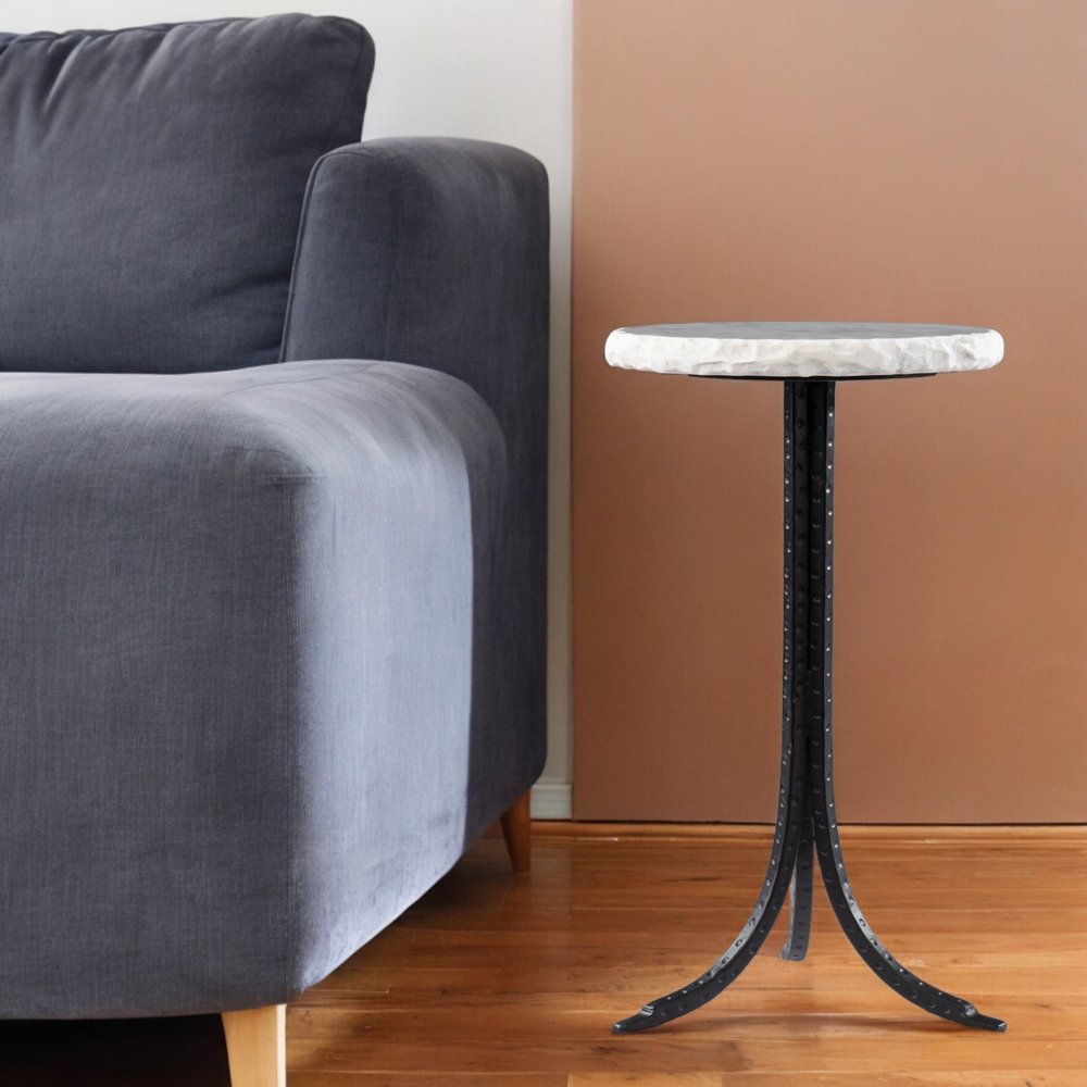 23" Black And White Marble And Metal Round End Table