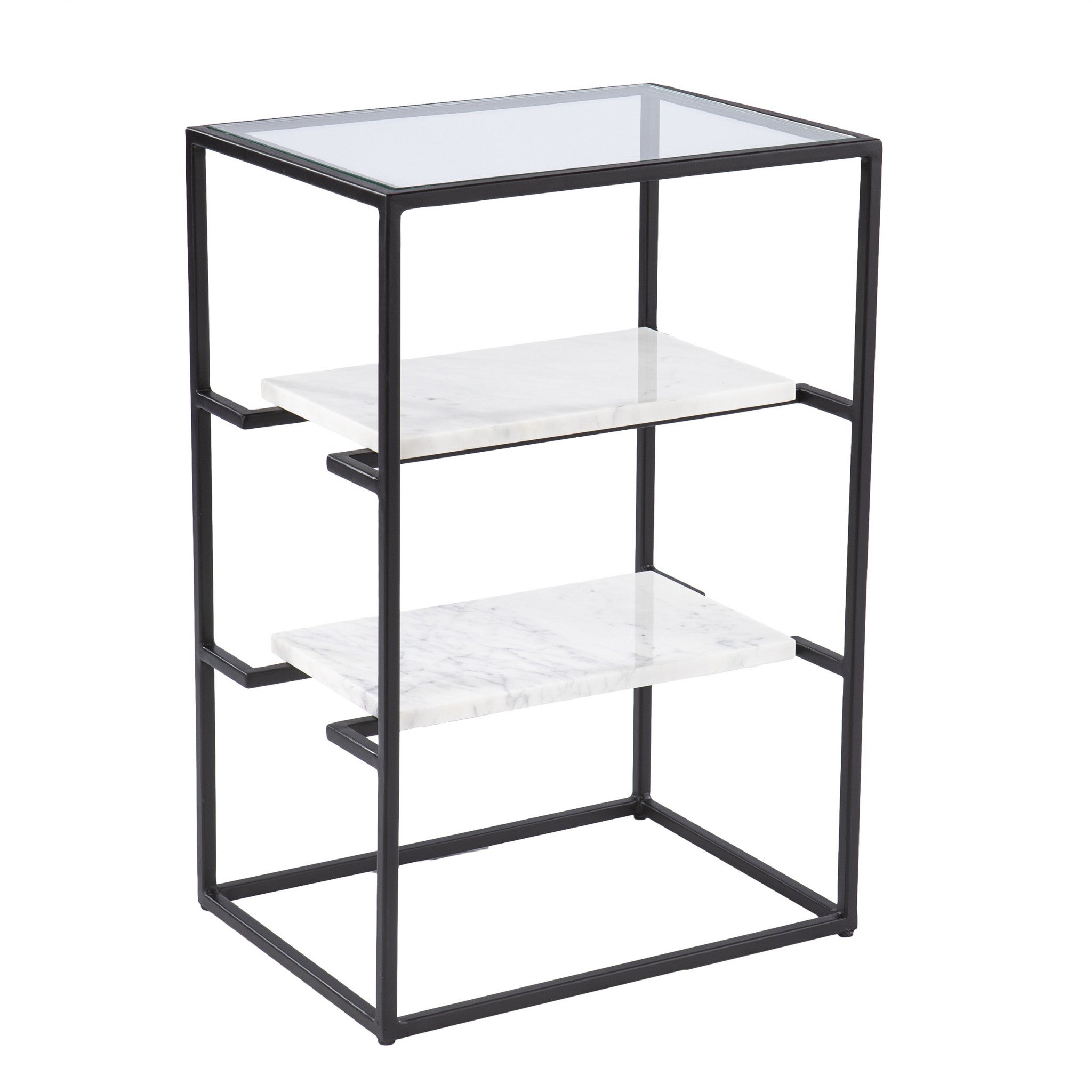 24" Black Glass and Marble Rectangular End Table With Two Shelves