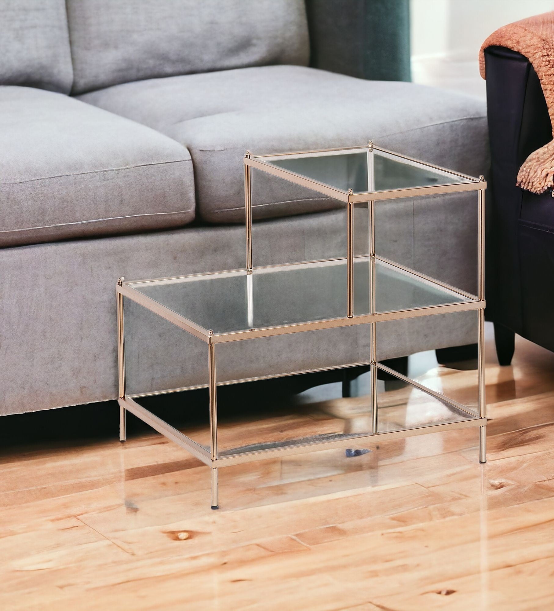 24" Gold And Clear Glass Tiered Rectangular End Table