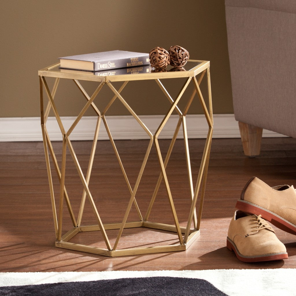 19" Gold And Reflective Glass Hexagon Mirrored End Table