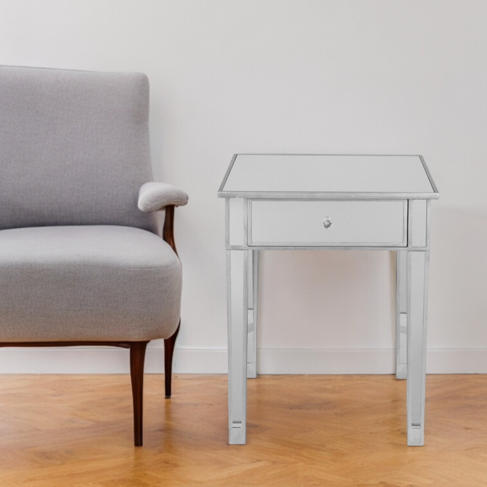 29" Silver And Reflective Glass Square End Table With Drawer