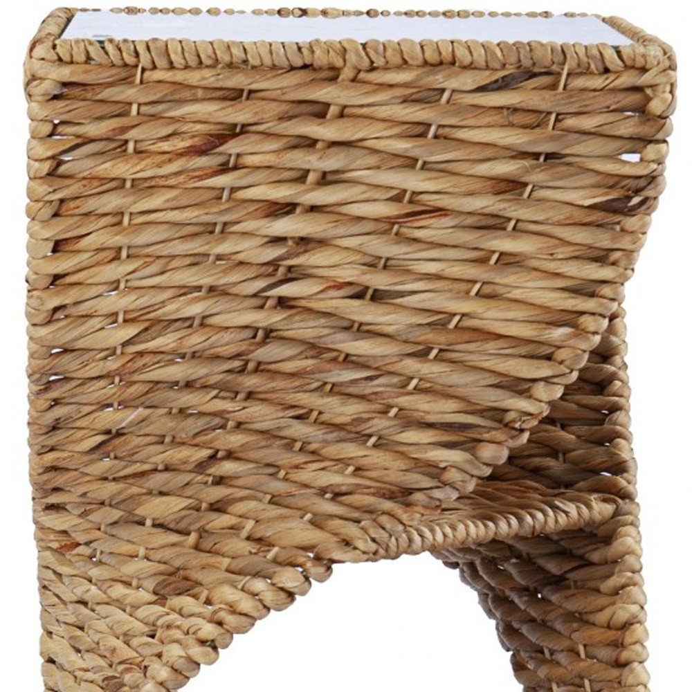 23" Brown And Natural Rattan Swirl Glass Top Square End Table