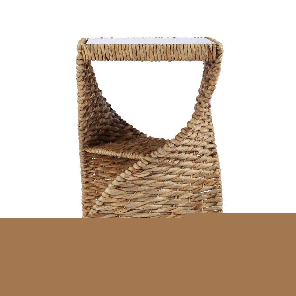 23" Brown And Natural Rattan Swirl Glass Top Square End Table