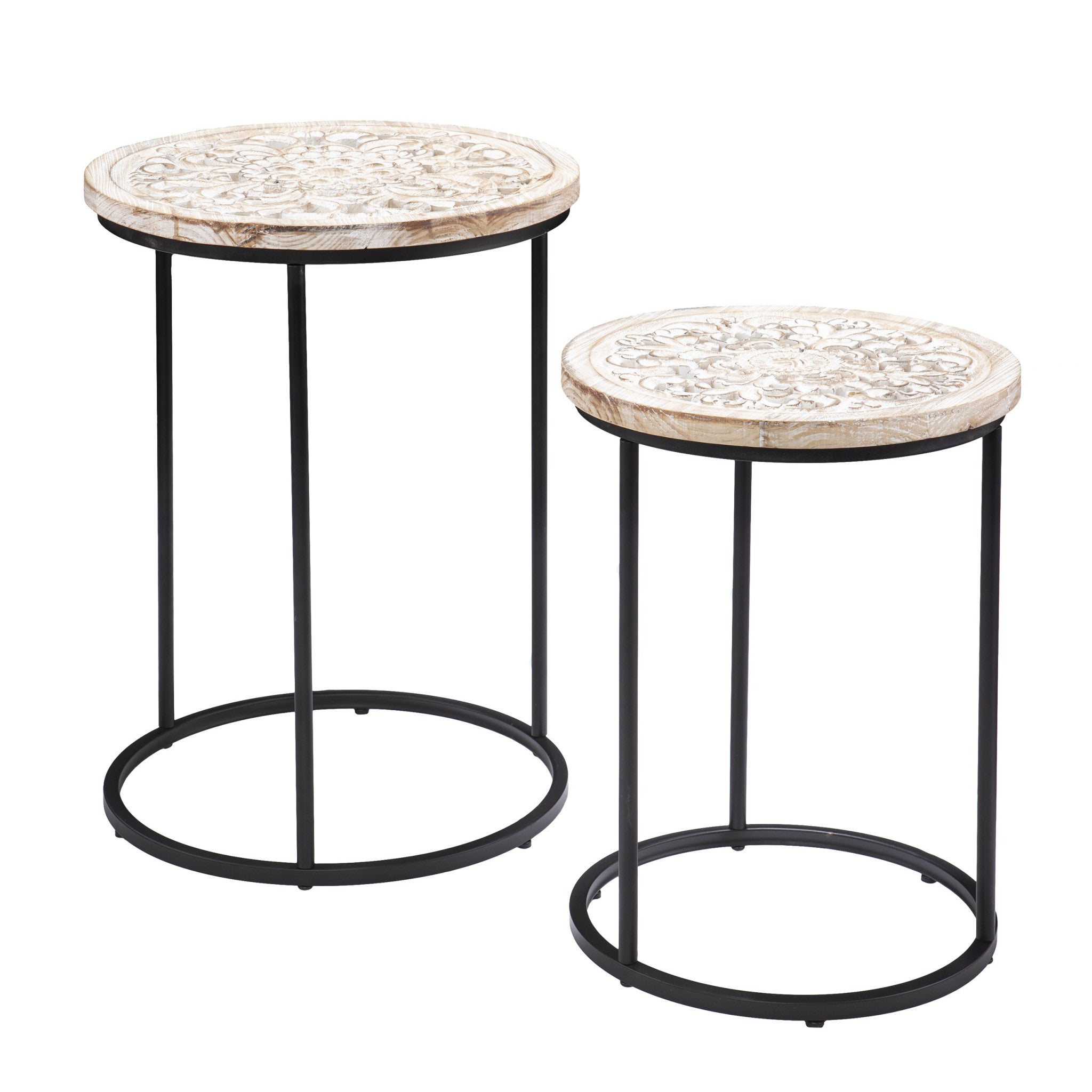 Set of Two Black And White Distressed Wood And Iron Round Nested Tables