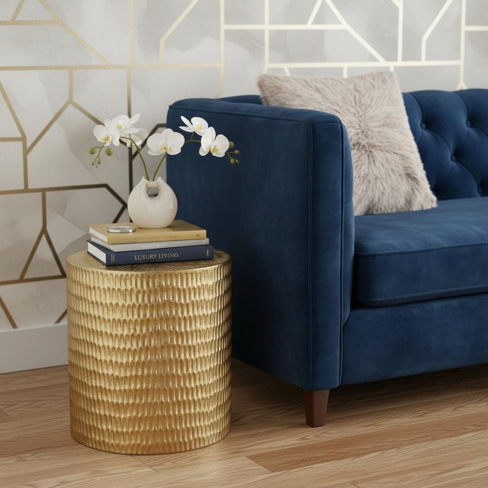 18" Gold Manufactured Wood And Solid Wood Round End Table