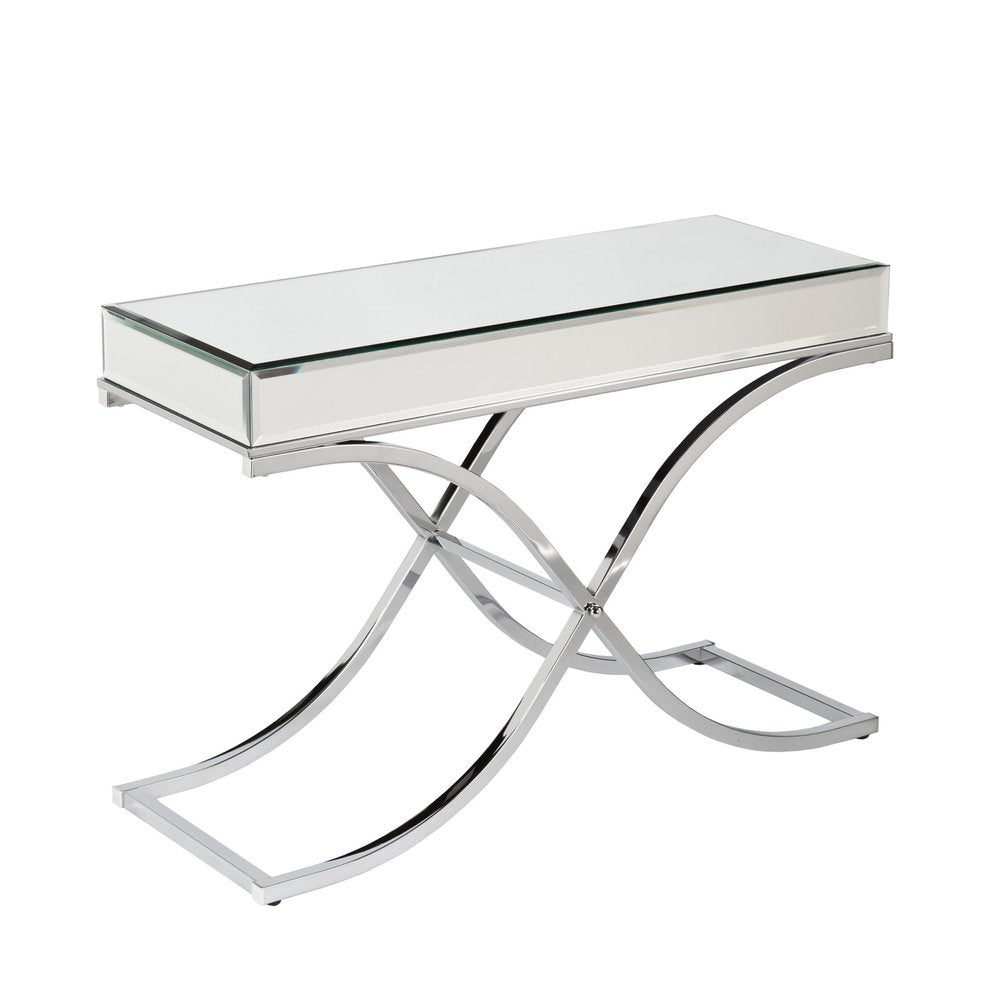 42" Silver Mirrored Glass and Metal Cross Leg Console Table