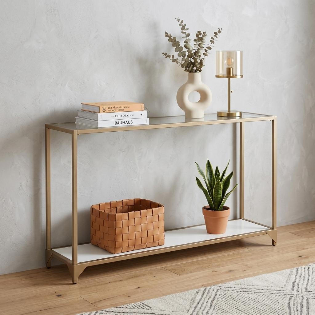 56" Clear and Gold Glass Mirrored Frame Console Table With Shelves