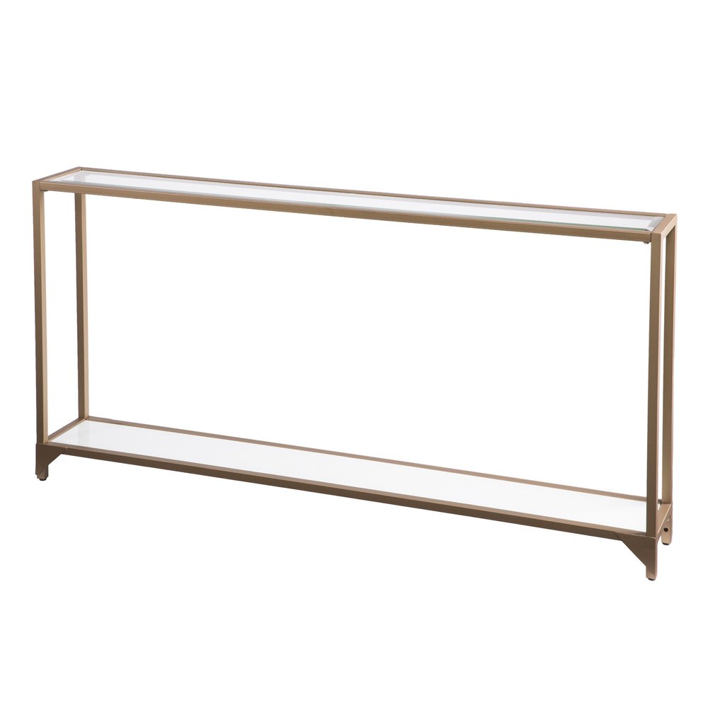 56" Clear and Gold Glass Mirrored Frame Console Table With Shelves