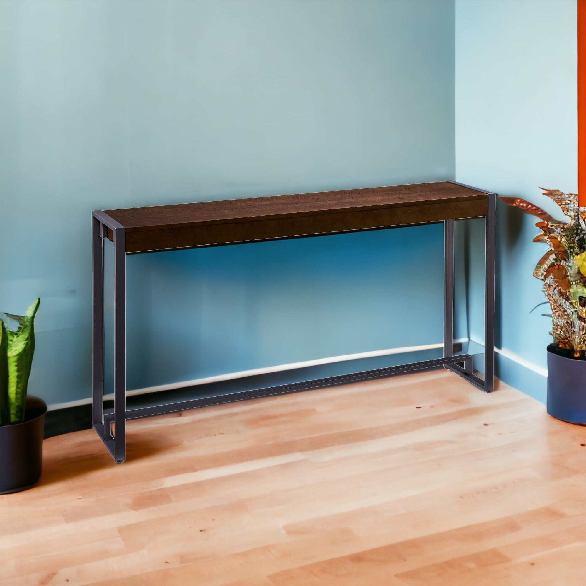 54" Dark Brown and Gunmetal Sled Console Table