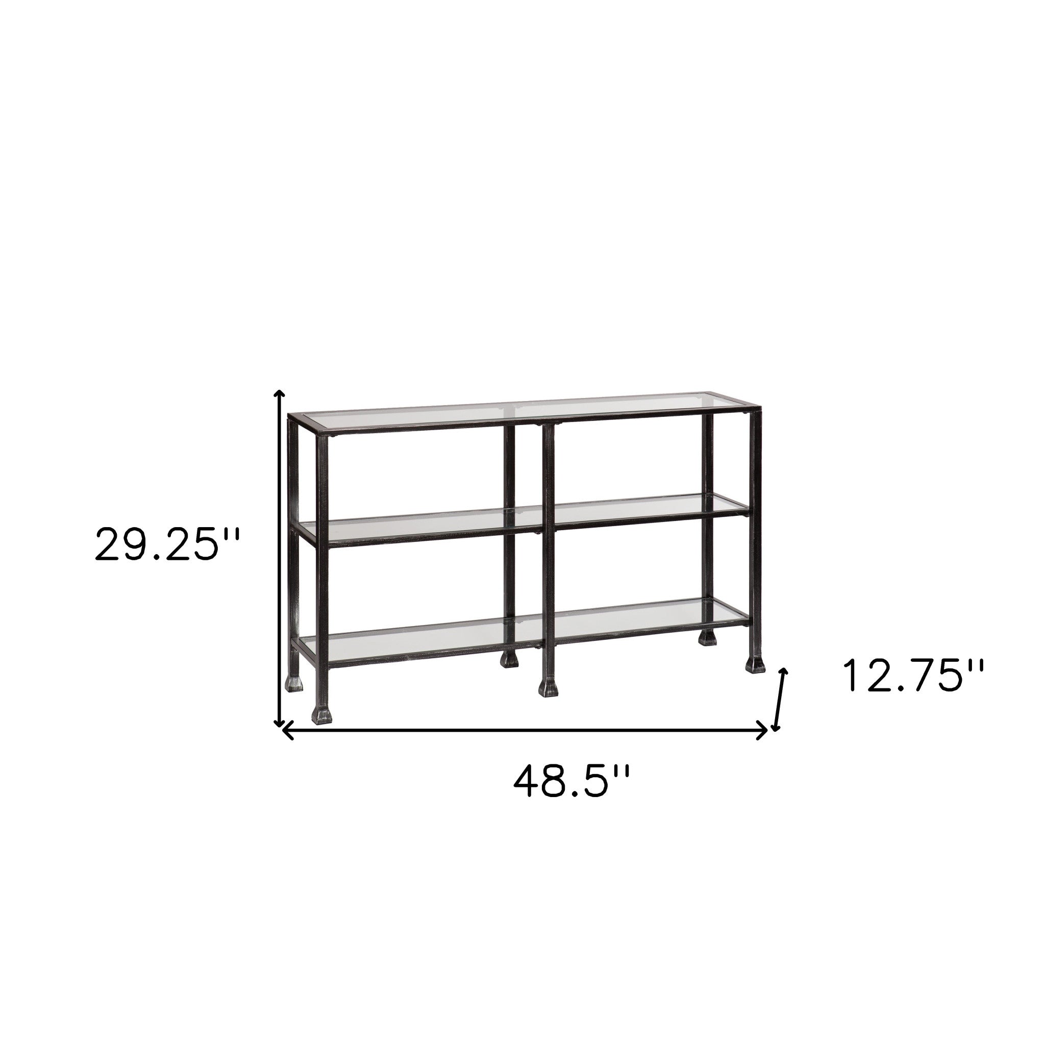 49" Clear and Black Glass Distressed Floor Shelf Console Table With Storage