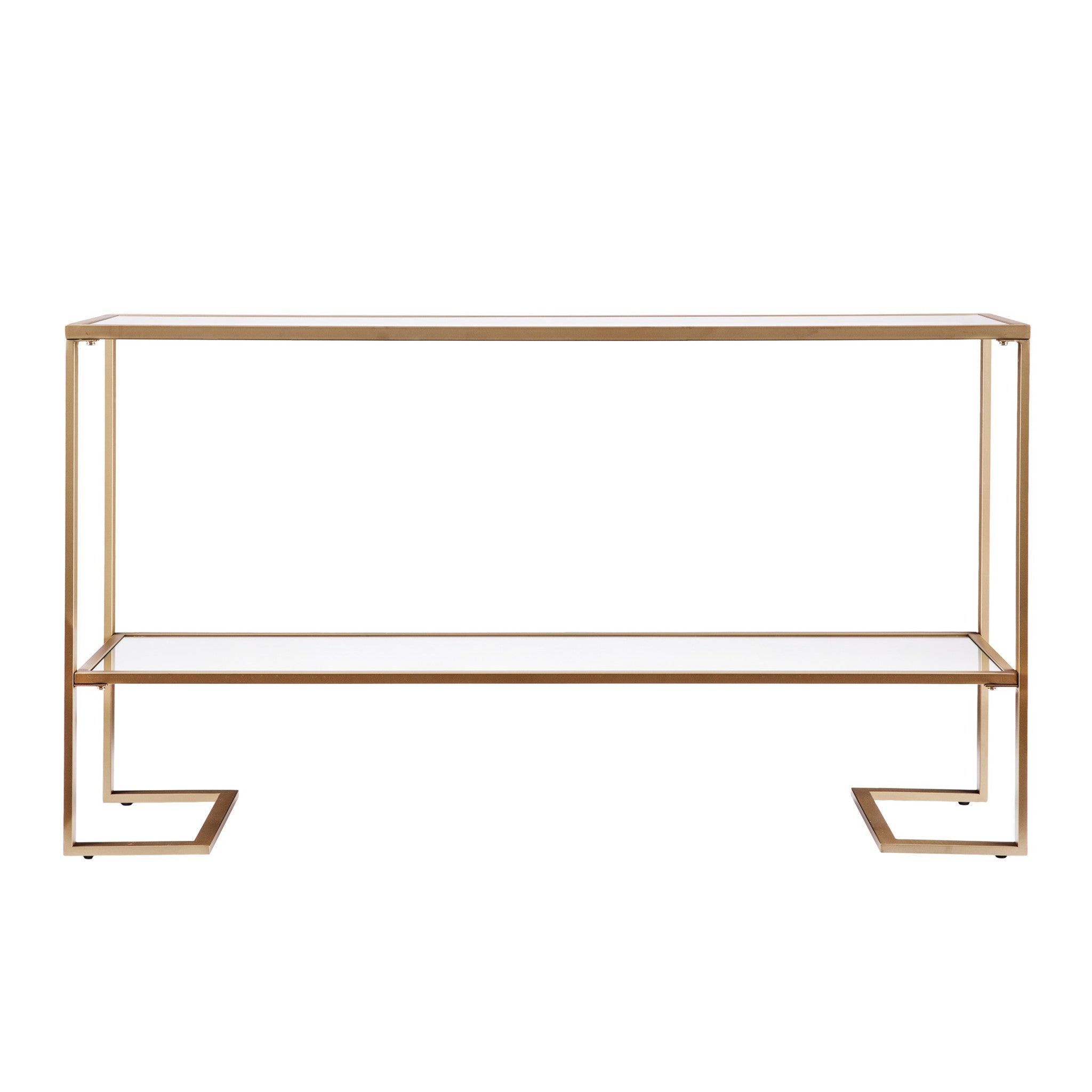 52" Clear and Gold Mirrored Glass and Metal Sled Console Table With Shelf