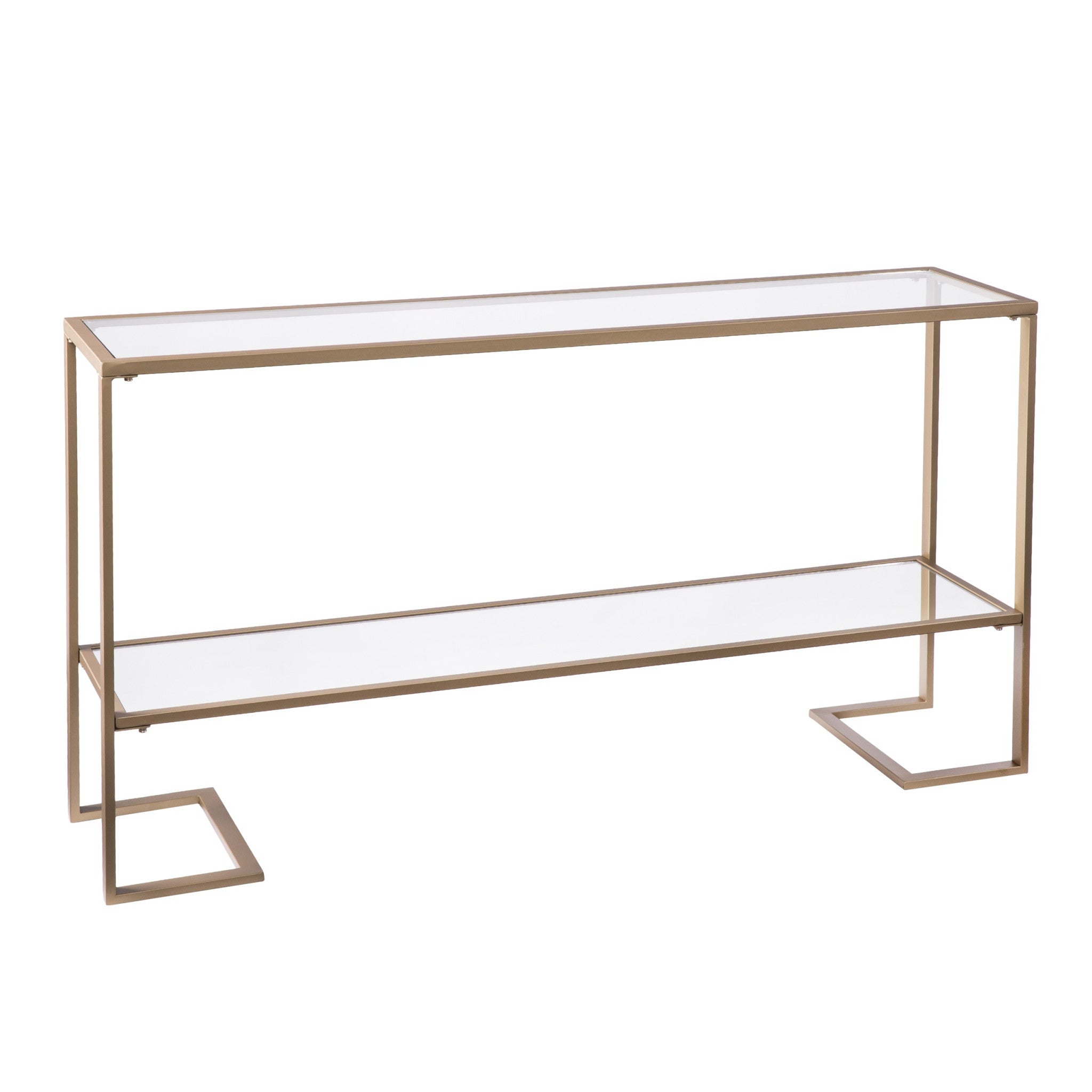 52" Clear and Gold Glass Mirrored Sled Console Table With Shelves