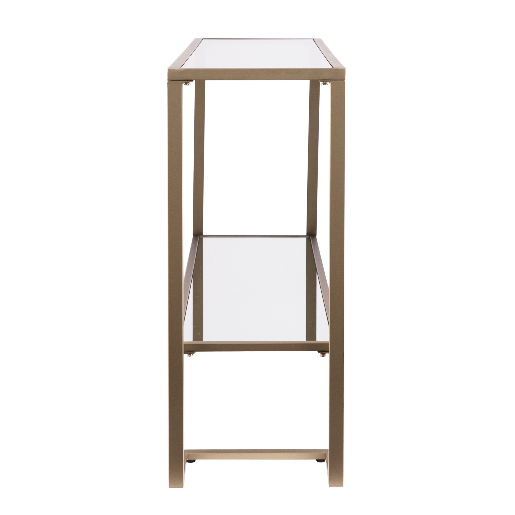 52" Clear and Gold Mirrored Glass and Metal Sled Console Table With Shelf