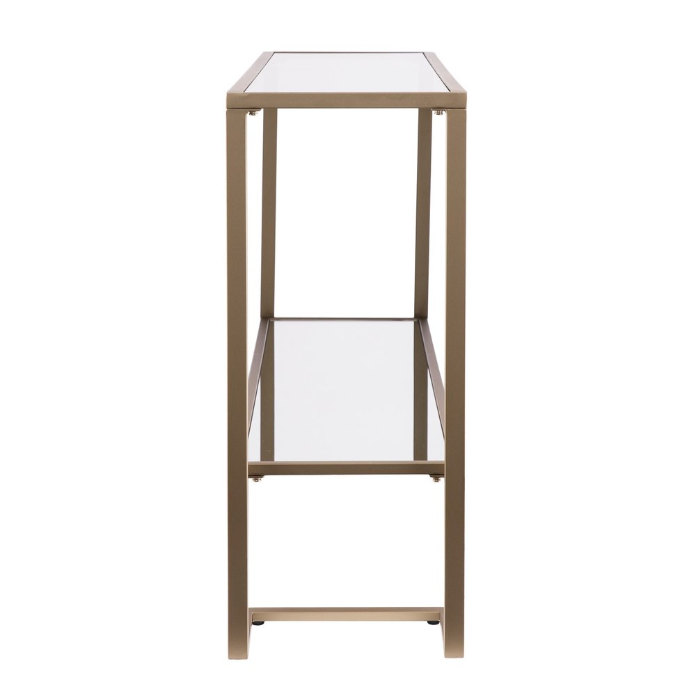 52" Clear and Gold Glass Mirrored Sled Console Table With Shelves