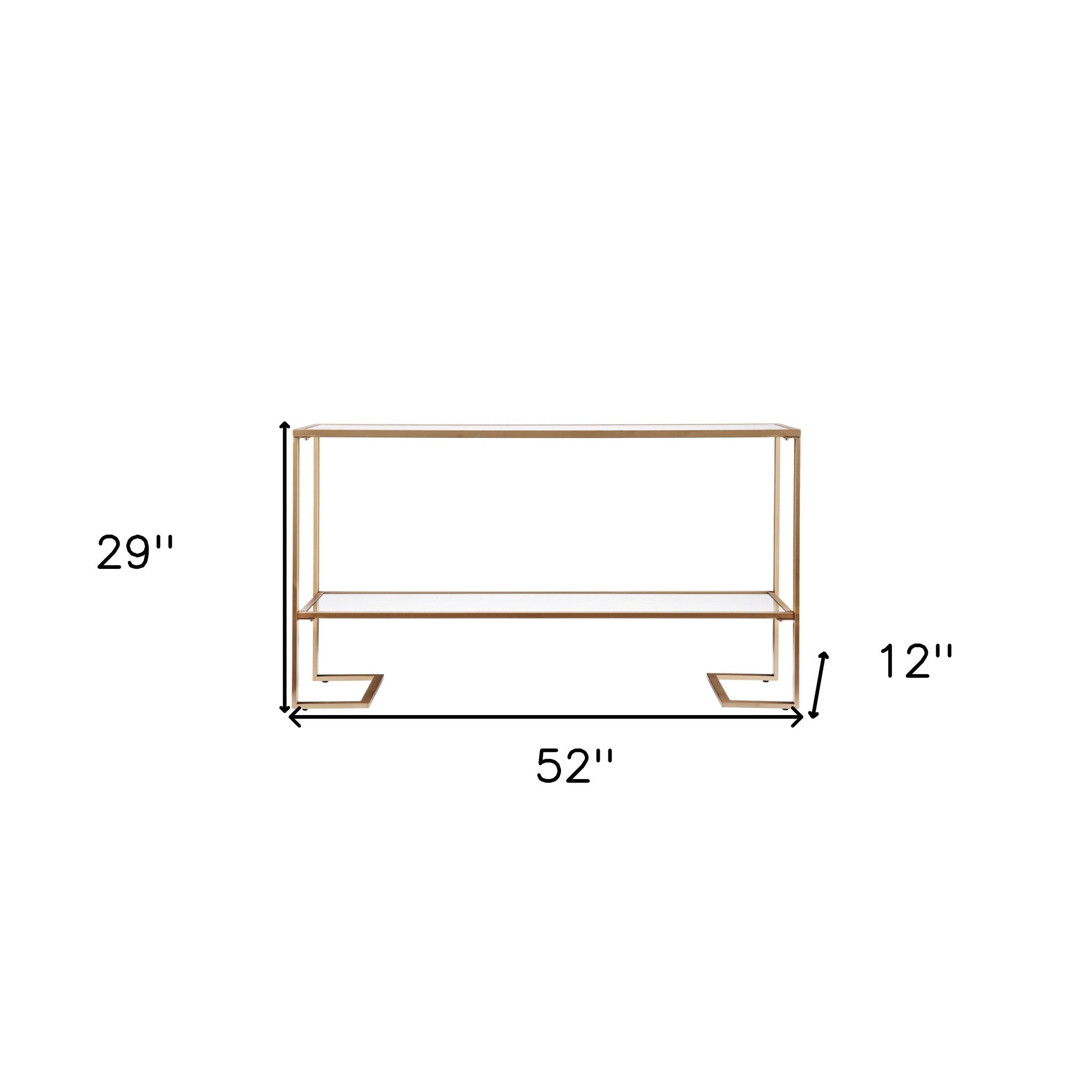 52" Clear and Gold Mirrored Glass and Metal Sled Console Table With Shelf