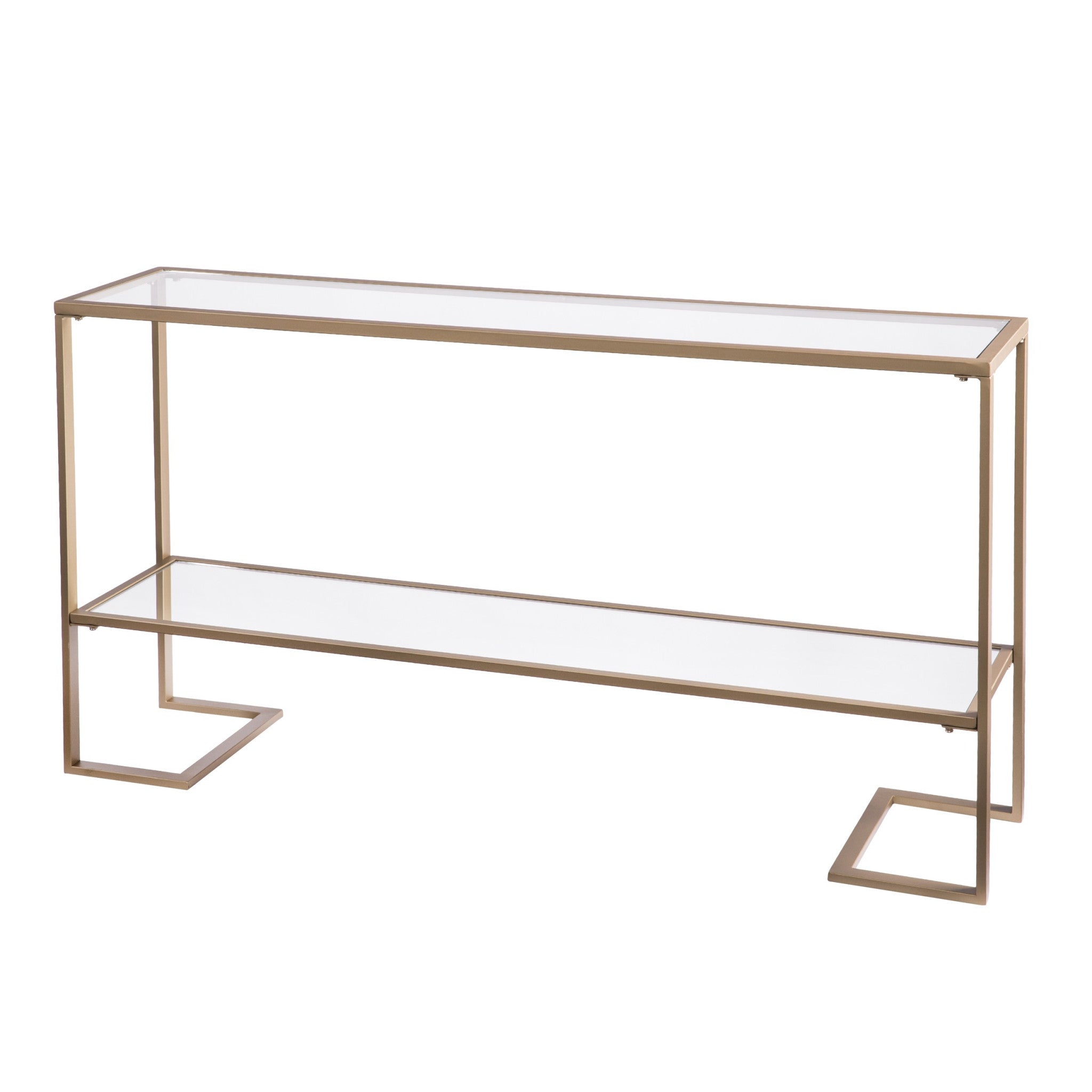 52" Clear and Gold Glass Mirrored Sled Console Table With Shelves