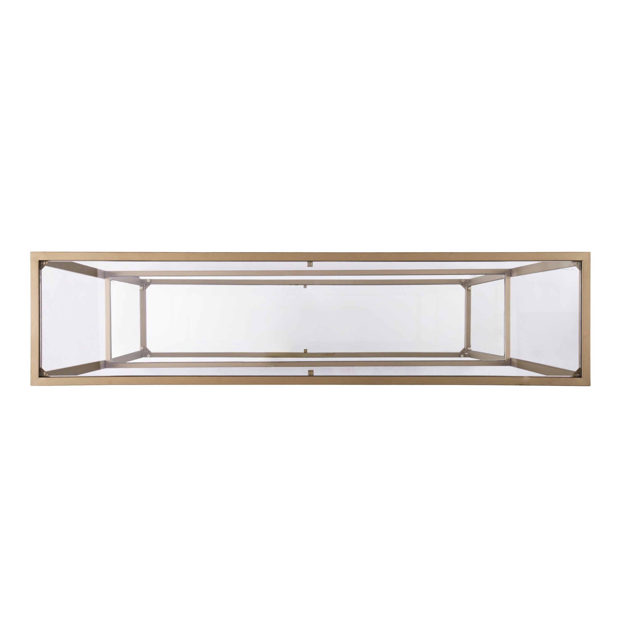 52" Clear and Gold Mirrored Glass and Metal Sled Console Table With Shelf