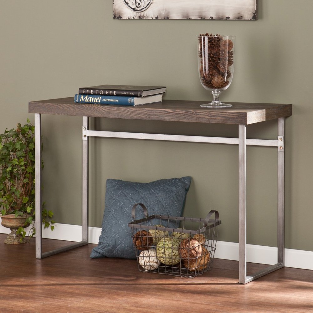 46" Gray Brown and Silver Distressed Sled Console Table