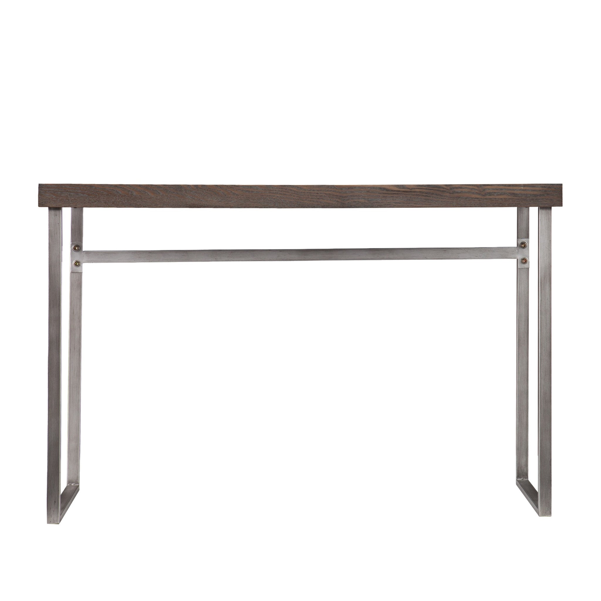 46" Gray Brown and Silver Wood and Metal Distressed Sled Console Table