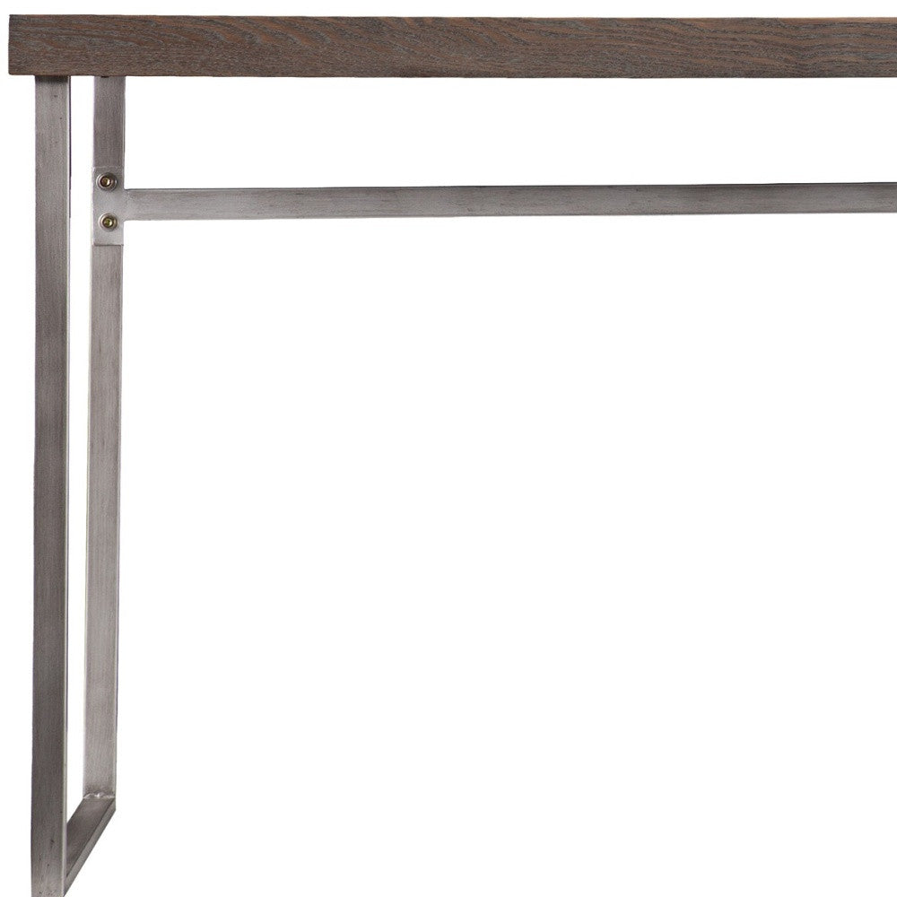 46" Gray Brown and Silver Wood and Metal Distressed Sled Console Table