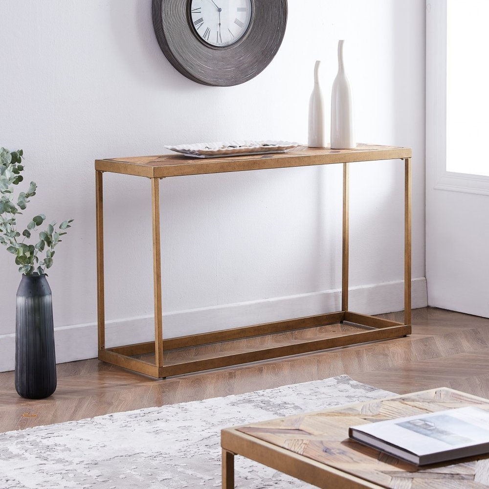 48" Natural and Brass Solid Wood and Iron Frame Console Table