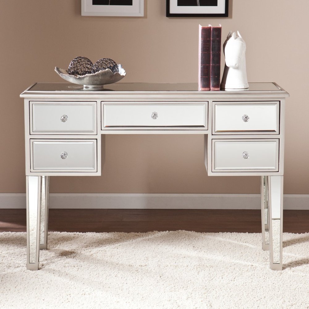 43" Silver Mirrored Glass and Solid Wood Console Table With Five Drawers