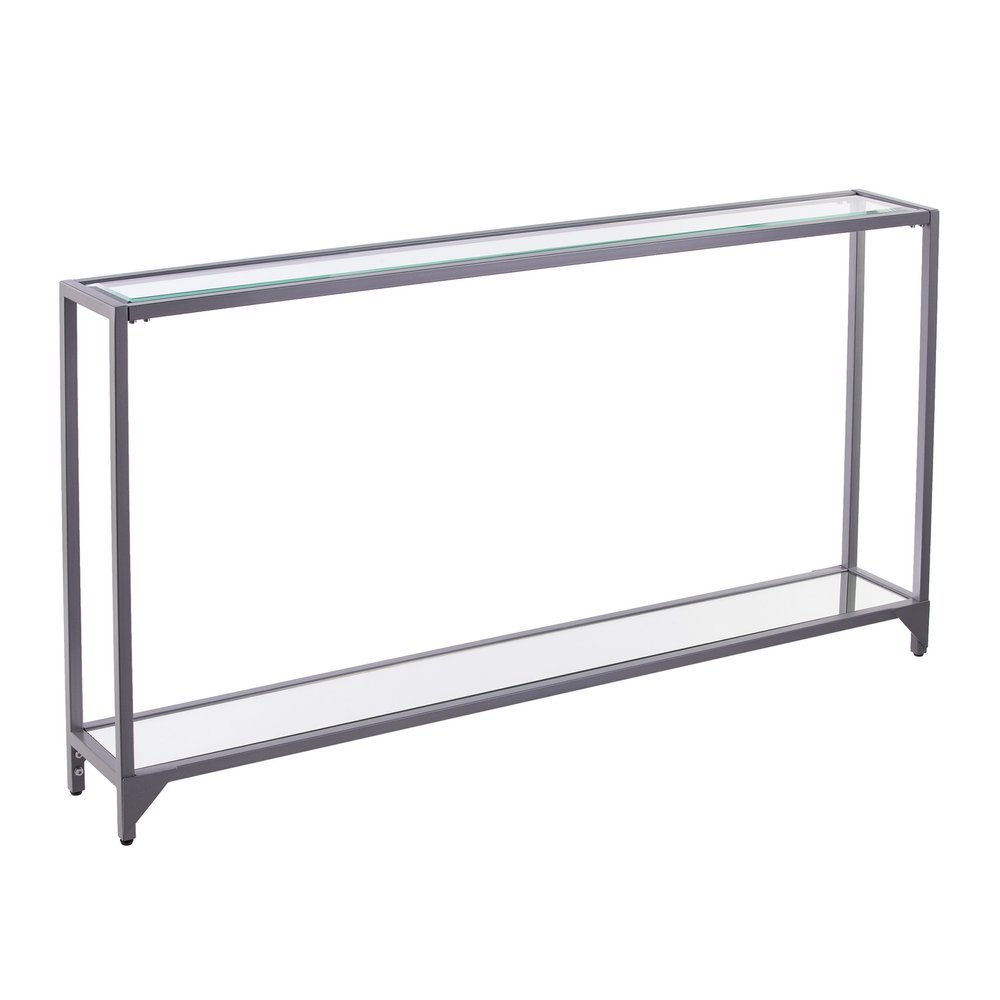 56" Clear and Silver Glass Mirrored Floor Shelf Console Table With Storage