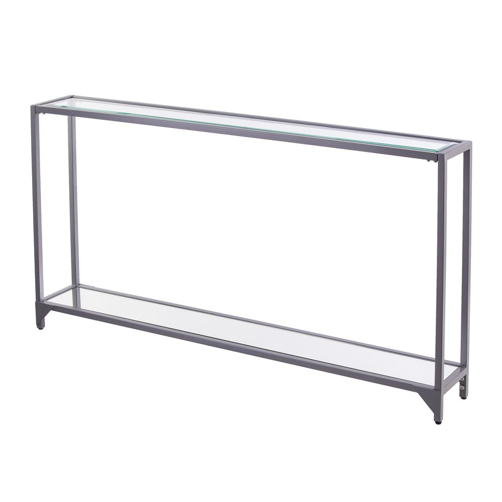 56" Clear and Silver Glass Mirrored Floor Shelf Console Table With Storage