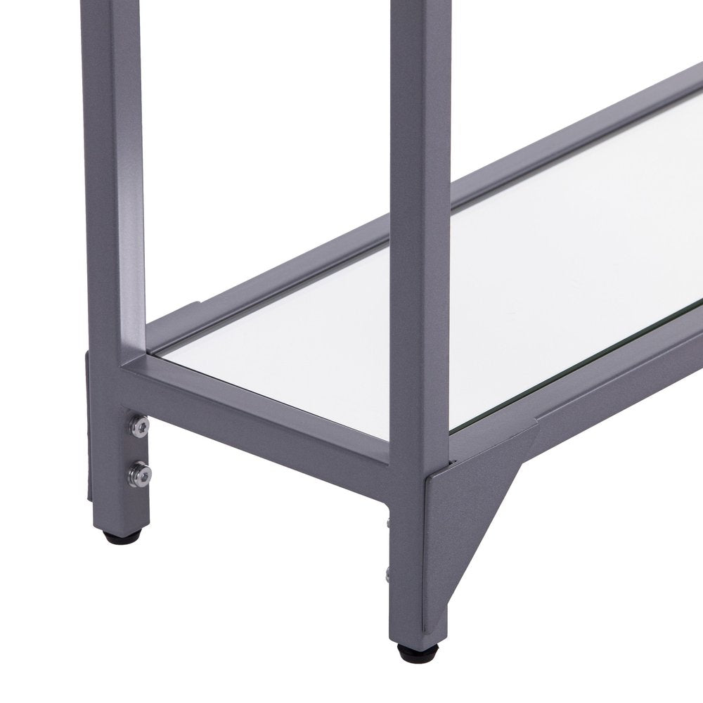 56" Clear and Silver Glass Mirrored Floor Shelf Console Table With Storage