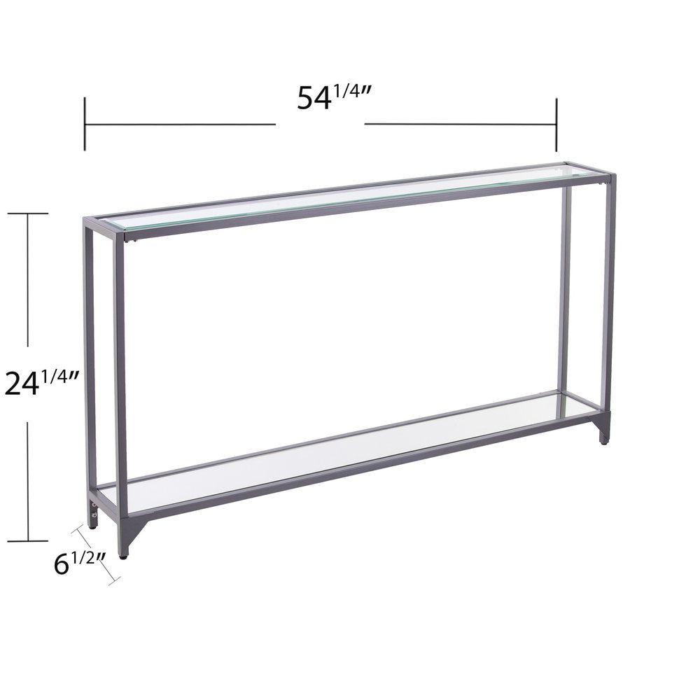 56" Clear and Silver Glass Mirrored Floor Shelf Console Table With Storage